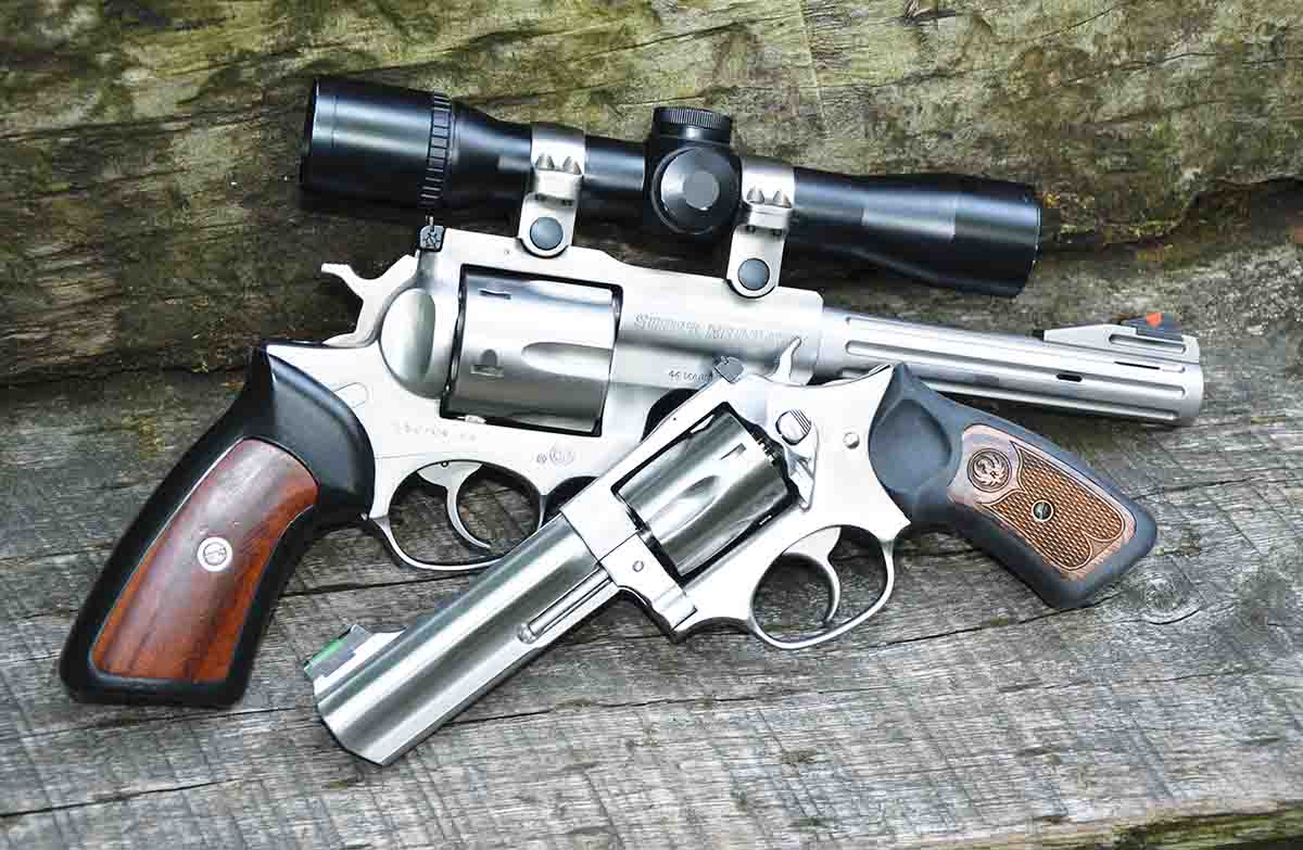 Two of the test guns include a SSK custom Ruger Super Redhawk .44 Magnum (top) and a Ruger SP101 .327 Federal Magnum (bottom). Modifications to the Super Redhawk include a trigger job and setting back the factory barrel for minimal cylinder gap.